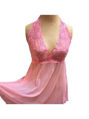 Victoria’s Secret Pink Sheer Lace Halter Babydoll Nighty Dress Sz L Whimsigoth